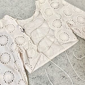 Zara Cream Eyelet Lace-Up Cropped Blouse Size S